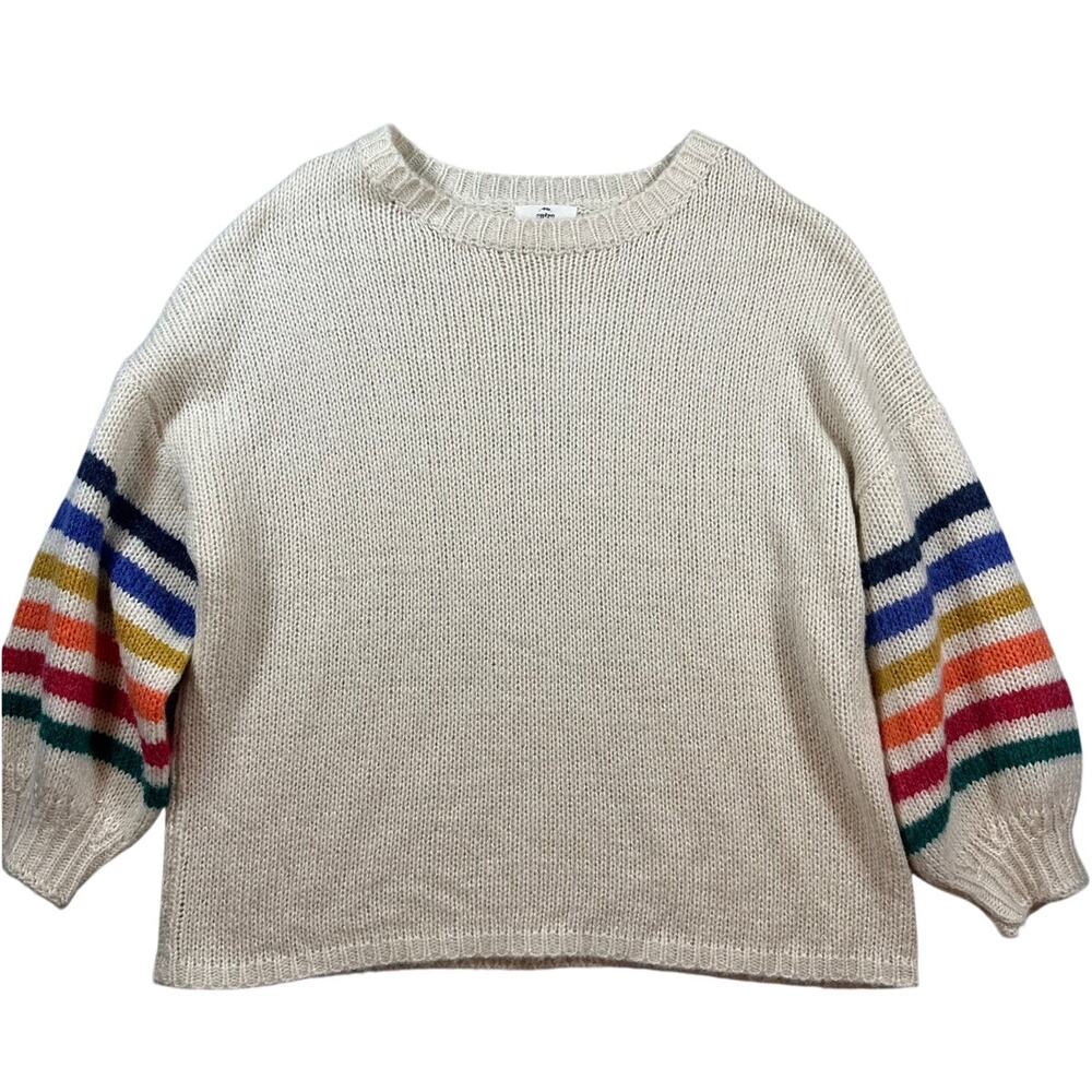 Entro Cream Sweater with Rainbow Stripe Sleeves Size Large EUC - Picture 2 of 5